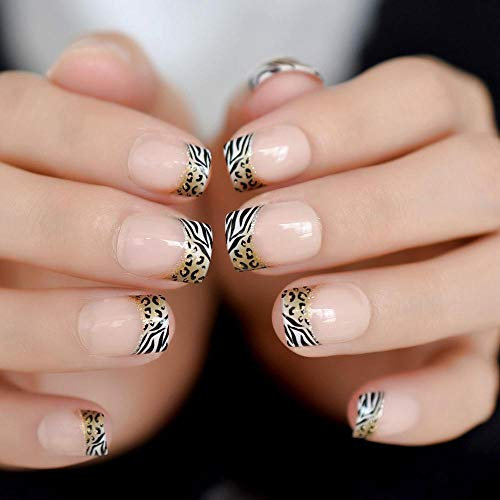 CSCH False Nails French Natural Nail Classic Leopard Zebra Pattern Nail Art Fake Nails with Adhesive Guide 24/Set