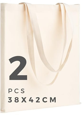 POLHIM Lot de 2 | 6 | 12 | 24 | 48 Tote Bags Vierges 38x42cm. Sacs en 100% Coton, Réutilisables pour Les Courses, Toile en Tissu Naturel. Convient pour Le DIY, Publicité, Cadeaux (Beige)