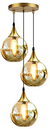 LEDSone Vintage 3 Way Pendant Light Glass Height Adjustable E27 Base Retro Industrial Globe Glass Ball Light Shade Ceiling Light Fitting Coffee Shop Bar Kitchen (Gold, with Bulb)