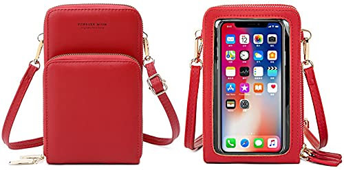 RRANCharltu Sac à Bandoulière pour Téléphone Portable Femmes Sac à Ecran Tactile Cuir PU Pochette Portefeuille Femme Porte Cartes avec Bandoulière et Dragonne (Rouge)