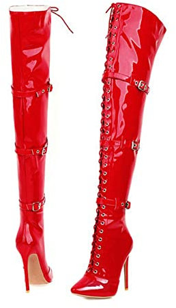 GAOword Stivali da Donna 15CM Stivali con Tacco Alto in Pelle Verniciata con Lacci da 8 Pollici Stivali sopra Il Ginocchio Scarpe da Ballo Sexy per Discoteca,Rosso,42 EU