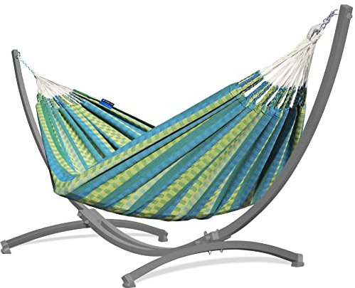 Potenza Outdoor Hängematte mit Gestell für 2 Personen I Morena - 100% Baumwolle Doppelhängematte 230x160 cm, 220kg I Hängemattengestell 220kg, wetterfest (Grün, Gestell Grau)