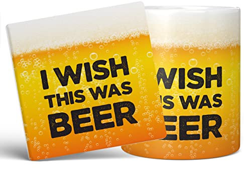 Mug Monster - I Wish This was Beer Funny Novelty Mug, Birthday or Fathers Day Gift - Ceramic Coffee Mug/Cup, Gift for Men or Women, Extra Large and Giant Mug Available, 20oz White Mug & Coaster