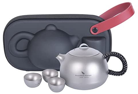 Boundless Voyage 380ml Titanium Tea Kettle with Filter +3pcs 25ml Cup Ultralight Outdoor Teapot Set Camping Coffee Tea Water Maker Ti3109D(with storage bag)