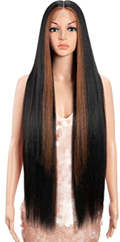 Style Icon Perücke Lace Front Wigs Super Long Yaki Straight Wig With Baby Hair 130% Density Synthetic Wig Middle Parting (36 Inch, HL2/130R)