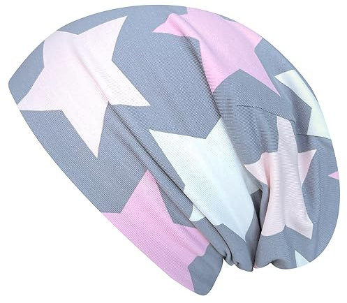 Wollhuhn Öko Warme Kuschelige Winter Jungen/Mädchen Winter Long Beanie Mit Fleecefutter Versch. Motive (aus Öko-Stoffen, Bio) 20220666 (Big Stars Grau/Rosa, M)