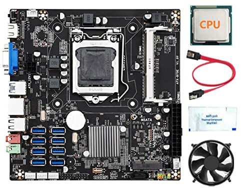 Lodokdre B75E - Placa base de minería BTC de 8 tarjetas, CPU, ventilador de CPU, grasa térmica, cable , chip B75, 8 puertos USB 3.0, LGA1155, DDR3, RAM MSATA