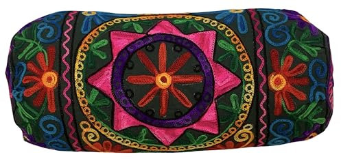 Nackenrolle Boho Kissenbezug aus Baumwolle, 46 x 18 cm, rund, zylindrisch, für Yoga, Meditation, Reisen, Bodenkissen, bestickt, Rücken-Nacken-Mutterschaftskissenbezug [Nur Abdeckung] (dunkelgrün)