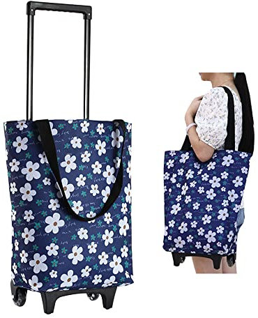Belegao Foldable Shopping Trolley - Zipped Closure Waterproof Tote Bag with Telescopic Handle for Women, Flower