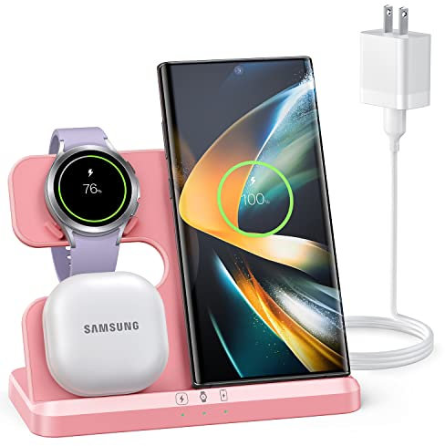 ZUBARR Wireless Charging Station for Samsung and Android Multiple Devices 3 in 1 Wireless Fast Charger Dock Stand for Phone Galaxy Z Flip 4/3 Z Fold S22 S20 Ultra, Galaxy Watch 5/4/3, Buds, Pink