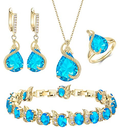 EVER FAITH 4 Stück Tropfen Cubic Zirconia Schmuck Set Glamour Anhänger Halskette Ohrringe Tennis Armband und Offener Ring für Damen Hochzeit Party Himmelblau Gold-Tone