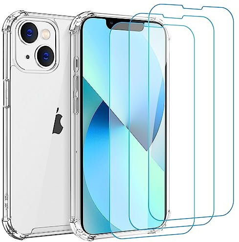 Whioltl Coque pour iPhone 13 avec 3 Pièces Verre Trempé Protection écran, Transparente Silicone TPU Bumper Housse Case Cover, Anti-Jaunissement, Anti-Rayures, Dos Rigide HD Clair Étui de Protection