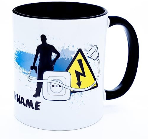 Elektriker Tasse mit Namen personalisiert Elektroniker Becher Elektrikertasse Meister Geschenk Meisterprüfung Geburtstag personaliersierbar Spruch lustig Gadget Kaffeetasse Männer Keramik 330 ml
