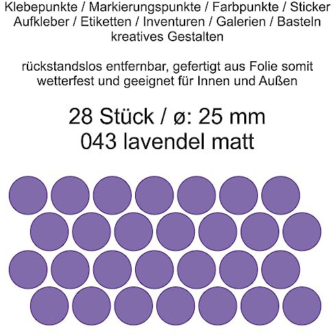 Aufkleber Etiketten Klebepunkte aus Folie 28 Stück lavendel matt rund 25 mm selbstklebend farbig wetterfest Decal Markierungen Organisieren DIY basteln verzieren Modellbau Scrapbooking