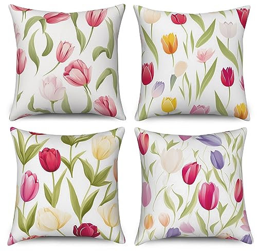 ASDCXZ Blume Kissenbezug 40x40 cm 4er Set, Frisch Rose Lila Gelb Blume Blätter Sofa Dekokissen Kissenbezüge Kissenhülle Waschbar Polyester Flachs Textil Outdoor Polster Kopfkissenbezug Kissen Bezug
