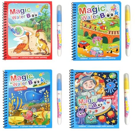 posionks 4 Pièces Livre Magique à L'eau Réutilisable Coloriage Magique Eau Livres de Coloriage à L'eau avec Stylo Leau Jouets de Dessin éducatifs pour Garçons et Filles