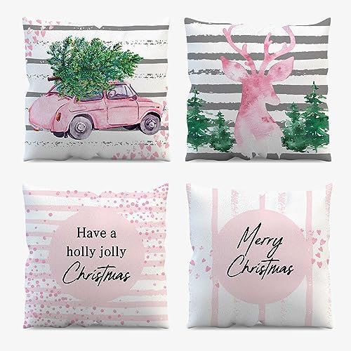 AIBIIN Weihnachts-Kissenbezüge, 45 x 45 cm, 4 Stück, Frohe Weihnachten, grünes Pflanzenmuster, Rosa, superweicher Velours, für Zuhause, Couch