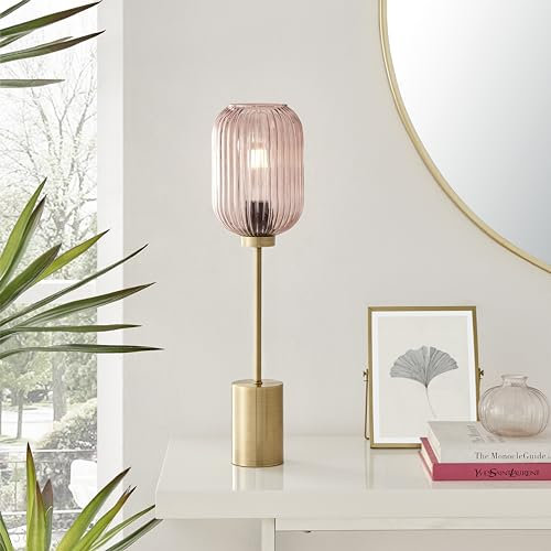Furniturebox UK Coral Table Lamp - Pink Round Glass Shade, Brushed Brass Metal Stand - Ribbed Glass Desk Lamp - Modern Meets Retro Vintage Industrial Lighting Lamp Living Room Bedroom Lighting