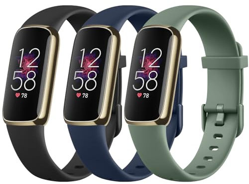 Tobfit 3Stück Armband für Fitbit Luxe - Silikon Weiches Sport Verstellbare Ersatzarmbänder für Damen Herren (L, Schwarz/Blau/Avocadogrün)