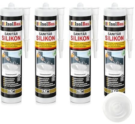 Isolbau Sanitär Silikon 4 x 300 ml Transparent - Hochelastischer Silikon-Dichtstoff für Abdichtungen & Fugen - wasserdicht - Kartusche