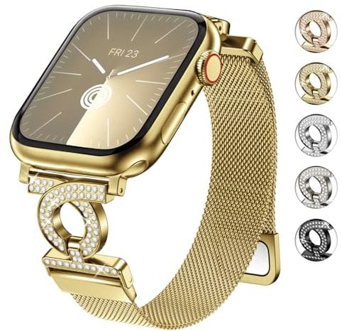 wutwuk Kompatibel mit Apple Watch Armband 42(Series 10) 41mm 40mm 38mm Damen Metall Milanaise Ersatzarmband mit Bling Strass Diamant Magnet Verschluss für iWatch 10 9 8 7 6 5 4 3 2 1 SE, Gold