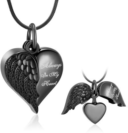 Minicremation Herz-Urnen-Halsketten-Anhänger für Asche, Engelsflügel, Einäscherungsschmuck für Damen und Herren, Andenken, Asche, Schmuck mit Aufschrift Always in my Mind Forever in my Heart,