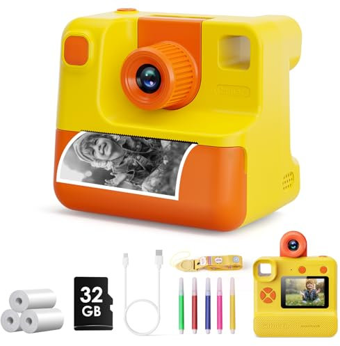 Sofortbildkamera Kinder,1080P Kinderkamera Sofortbildkamera Fotokamera mit 3 Rollen Druckpapier & 32GB Karte, DigitalKamera Kinder Sofortbildkamera Geschenk für 3-12 Jahre(Gelb)