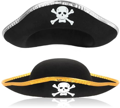 com-four® 2x Piratenhut mit Totenkopf - kleine Seeräuber-Kopfbedeckung mit Krempe - Kostümzubehör für Fasching, Karneval, Halloween, Mottoparty - Freibeuter