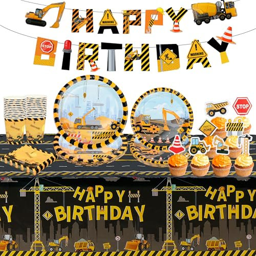 fanquare Cartoon Digger Truck Birthday Party Tableware Set for Boys 194pcs Construction Party Dinnerware 24 Guests Recyclable Paper Plates Cups and Napkins for Baby Boy Birthday Supplies