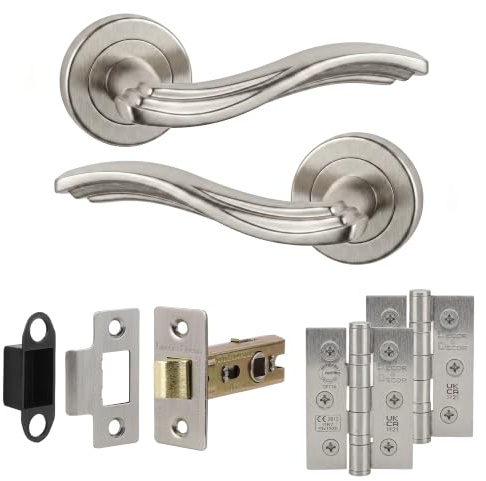 Decoranddecor Solace Satin Nickel Aluminium Lever Handles – Vintage Style Internal Door Set for Wooden Interiors with Mortice Latch and Matching Hinges, Classic Design
