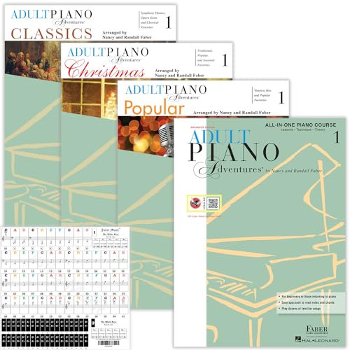 Adult Piano Adventures All-in-One Piano Course Book 1, Classic, Popular & Christmas Set (4 Books) & Juliet Music Piano Stickers