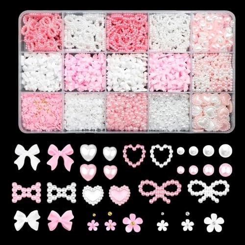 Symphonyw 3D Bow Nail Charms, 1000 Pcs Cute Flower Heart Nail Art Charms Pink White Flat Nail Pearls Nail Caviar Beads Nail Art Decorations Accessories DIY Crafts (White+Pink)