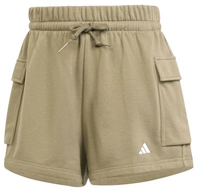 adidas Women's Essentials SMALL Logo French Terry Cargo Shorts, Olive Strata/White, XS