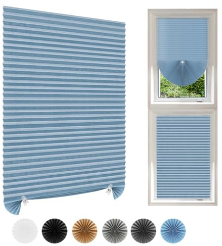 Temporary Blinds Stick On Cut to Size Non-woven Fabric No Drill Self Adhesive Pleated Paper Window Shades for Bedroom Kitchen Bathroom Windows Patio French Doors (2, Blue, WxH 90x150cm)