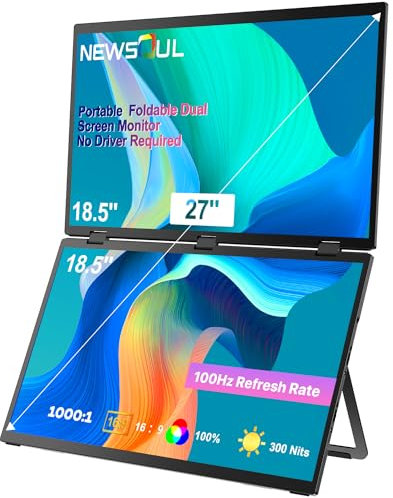 Newsoul Dual Portable Monitor 18,5 Zoll, Laptop Screen Extender, Faltbarer Dual Screen 100 Hz 100% sRGB, 1080P Tragbarer Monitor mit Mini-HDMI/UBS-C-Anschluss für Laptop/PC/Telefon/X-Box/PS/Switch