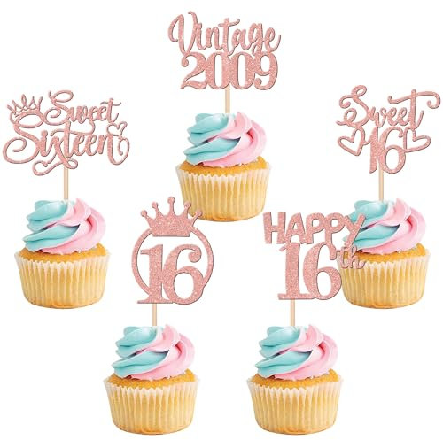 30 Stück Vintage 2009 Cupcake Toppers Glitzer Happy 16th Geburtstag Tortendeko Sweet 16 Fabulous Sixteen Kuchen Deko für 16th Geburtstag Hochzeit Jahrestag Party Rosegold