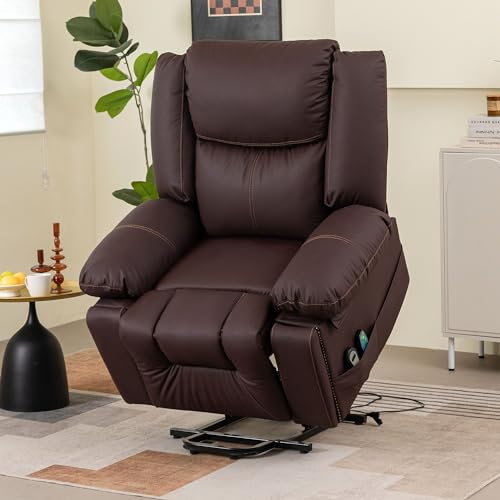 Merax Massagesessel Elektrisch Relaxsessel mit Aufstehhilfe, Fernsehsessel mit Vibration & Heizung & Liegefunktion, TV Sessel mit 2 Seitentaschen, 2 Getränkehaltern, Fernbedienung, PU-Leder, Braun