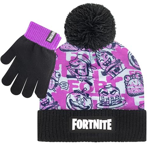 FORTNITE Jungen Winter Beanie Mütze und Schneehandschuhe für Jungen 2-teiliges Set, Schwarz/Rosa, 5-13 Years