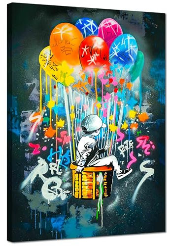 Kunstbruder© Wandbilder Banksy Gross hochkant Schlafzimmer Home Deko Wohnung Bild Wohnzimmer Bilder Leinwand Graffiti kunstdruck - Bunt gemälde (ballonboytaggrau, 70x100 cm)