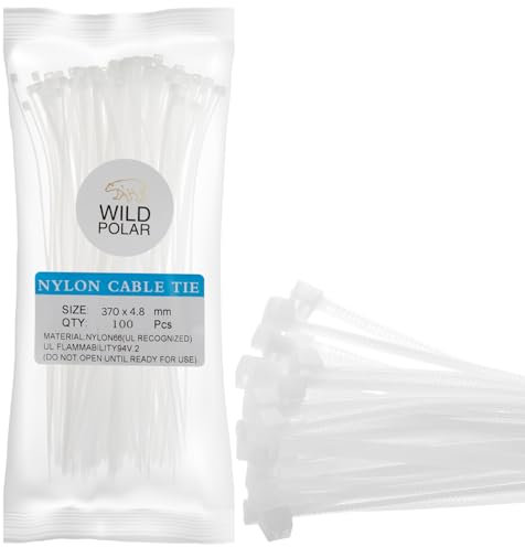 Wild Polar Premium Cable Ties - Clear/White & Black - Range of Sizes - 100 Pack Nylon Plastic Tie Wraps - Self Locking Small Zip Ties (White/Clear, 370mm x 4.8mm 100 Pack)