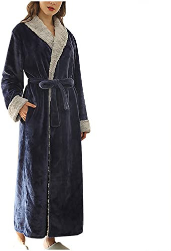 NSICBMNO Langer Morgenmantel für Damen, Fleece, extra lang, dick, flauschig, Hausmantel, Winter-Pyjama, Nachtwäsche, Luxus-Veloursmorgenmantel, Nachthemden mit Taschen, 01#Marineblau, M