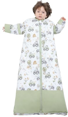 Chilsuessy Winter 2.5 Tog Kinder Schlafsack mit abnehmbaren Ärmeln Baby Schlafsack Bio Baumwolle Ganzjahres Schlafsack für Jungen und Mädchen, 2.5 Tog/Happy Farm, L (100-130 cm)