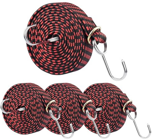 Lot de 4 tendeurs réglables en caoutchouc avec crochets, 200 cm, tendeurs plats, avec crochets, tendeurs en caoutchouc extra solides, pour vélo, moto, camping (rouge)