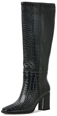 Roimaash Elegant Dressy Black Stivali al Ginocchio per donne Stivali Riding Wide Calf Stivali alti Zip Donna's Knee-Stivali Alti Block Heels Botas para Mujer Altas Cuoio Size 7.5
