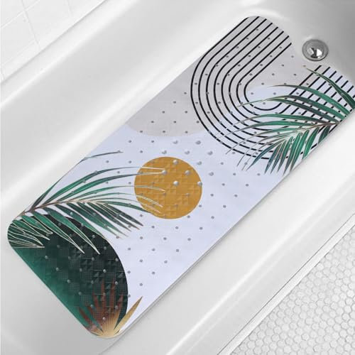 Boho Bathtub Mat Non Slip 40x16in Palm Leaves Extra Long Bath Mat for Tub Bohemian Abstract Art Anti Slip Shower Mat for Bathroom with Large Drain Holes and Suction Cups Quality Bath Mats Decor