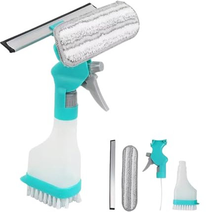3 in 1 Window Squeegee Cleaning Kit, Window Cleaning Bottle with Spray Multipurpose Glass Cleaner Scrape-r Brush Window Washing Tool for Indoor/Outdoor (blue)