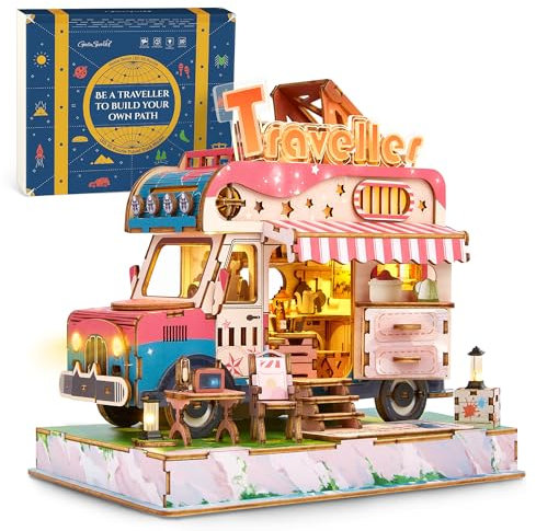 GalaSpark Modèle 3D Puzzle Camion de Voyage - Kit Miniature DIY Camion Aventure en Bois avec Lumières LED - Cadeau Unique pour Adultes et Enfants(Camping-Car)