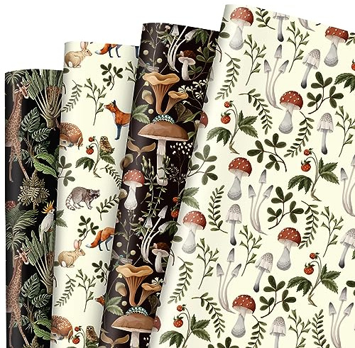 FYSUIMU 8 Blatt Pilz-Geschenkpapier – keine Rolle – Vintage-Pilzpflanze, Fuchs, Giraffe, Geschenkpapier, gefaltet, flach, ästhetisches Kunstpapier für Bastelarbeiten, 50 x 70 cm