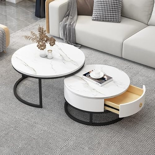 ZHENCHAO 2er-Set Couchtische aus Marmor mit Schubladen, moderner Metallrahmen, ideal als Wohn- und Schlafzimmerdekor