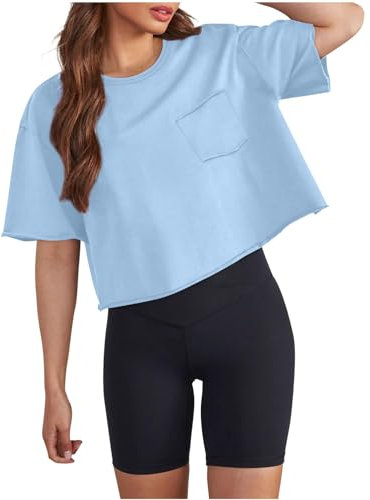 Damen Basic T-Shirt Kurzarm Crop Top Slim Fit Tops Casual Rundhals Tee Kurzarm Shirts Crop Tops mit Taschen 2024 Trendy Cute Mädchen Schule Oberbekleidung T-Shirt, 46 Himmelblau, M